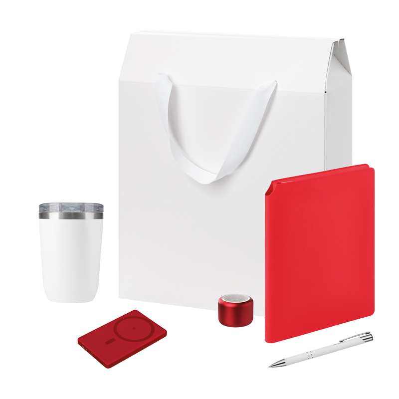 Подарочный набор Велком Пак Премиум (Welcome Pack Premium), красный (термокружка, колонка, ежедневник, ручка, ЗУ, коробка-пакет) с логотипом