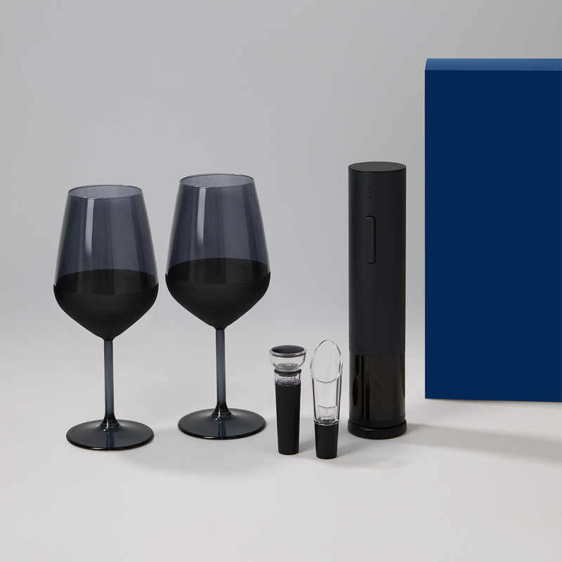 Подарочный набор 2 бокала для вина Блэк Эдишн (Black Edition) + набор для вина Сакраменто (Sacramento) в синей коробке с логотипом