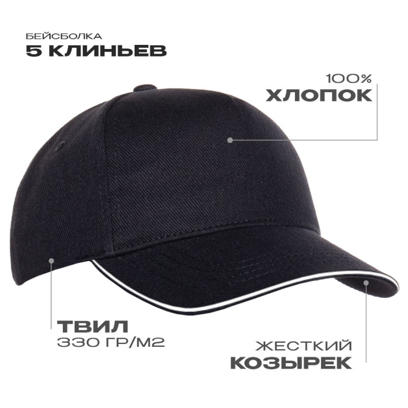 Бейсболка с кантом STAN 5 клиньев хлопок 330, 04, Чёрный,  (20)  (56-58) с логотипом