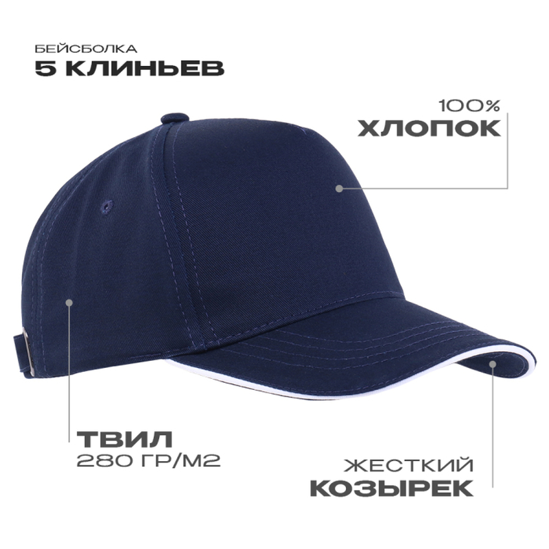 Бейсболка с кантом STAN 5 клиньев хлопок 280, 14, Тёмно-синий,  (46)  (56-58) с логотипом