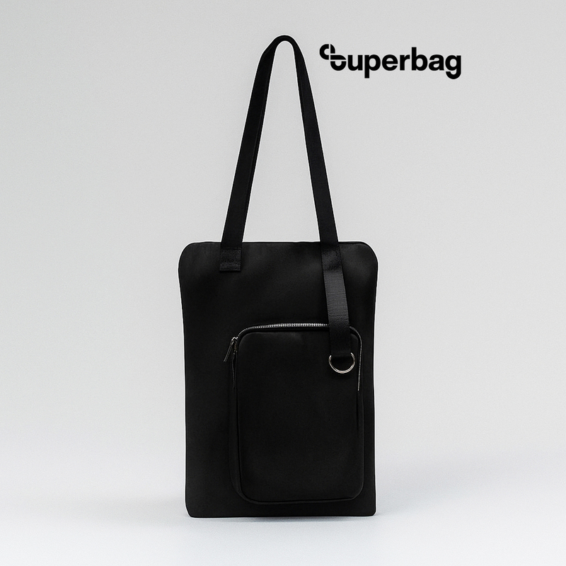 Шоппер Superbag Pocket, с внутренним креплением (карабин) и чехлом для мелочей (черный) с логотипом