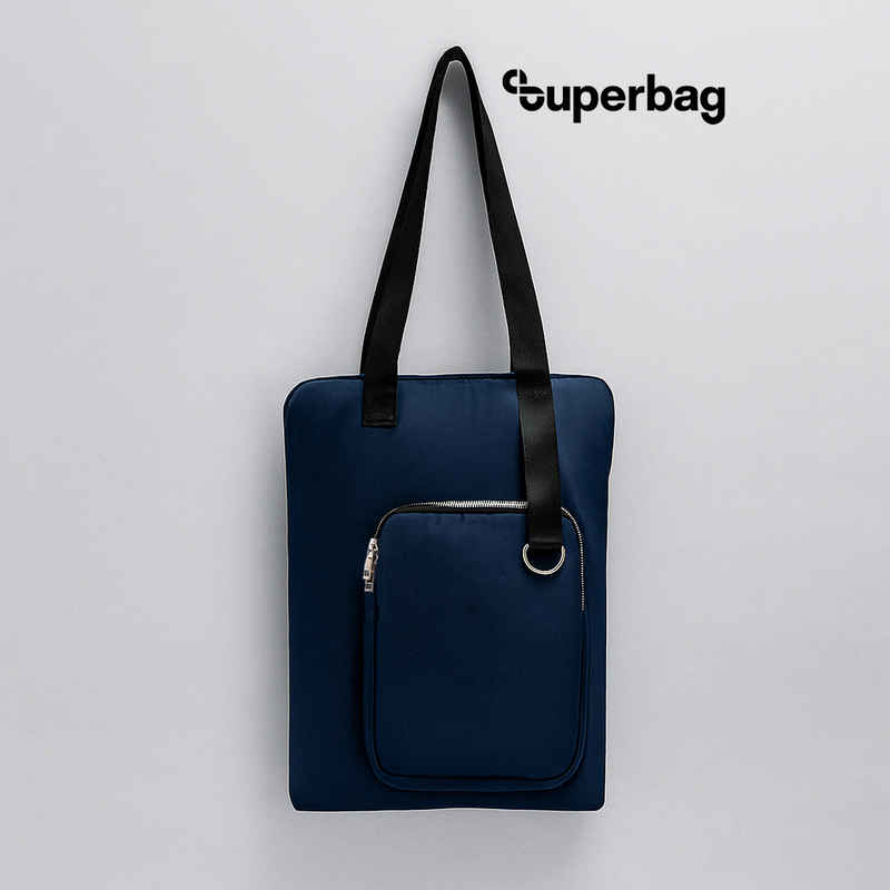 Шоппер Superbag Pocket, с внутренним креплением (карабин) и чехлом для мелочей (темно-синий с черным) с логотипом