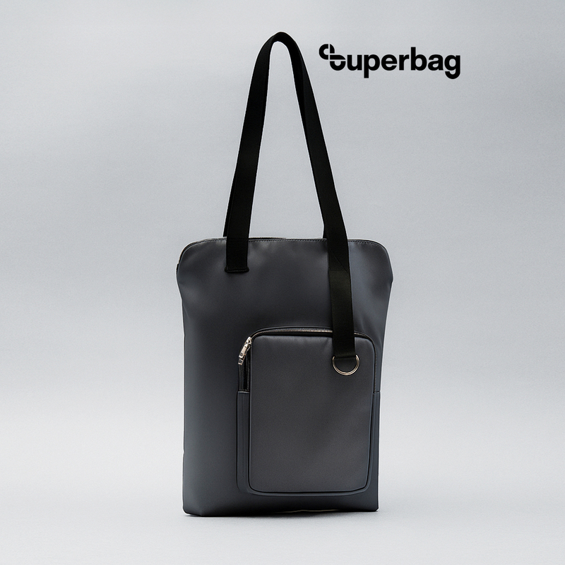 Шоппер Superbag Pocket, с внутренним креплением (карабин) и чехлом для мелочей (серый с черным) с логотипом